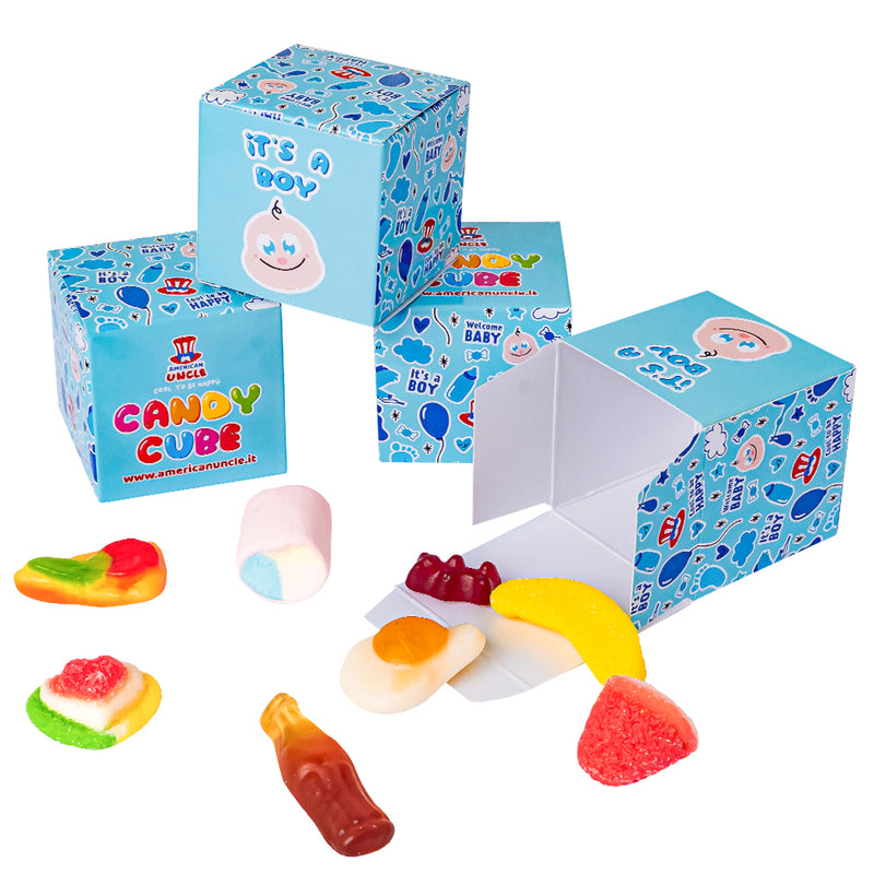Candy Cube Kit “It’s a boy”, scatoline di caramelle gommose da 50g ideali per il baby shower o nascita (25, 50 o 75 pz)