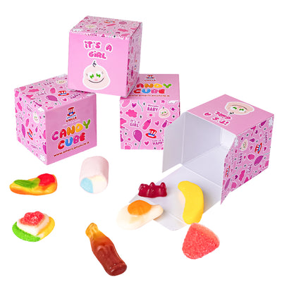 Candy Cube Kit “It’s a girl”, scatoline di caramelle gommose da 50g ideali per il baby shower o nascita (25, 50 o 75 pz)
