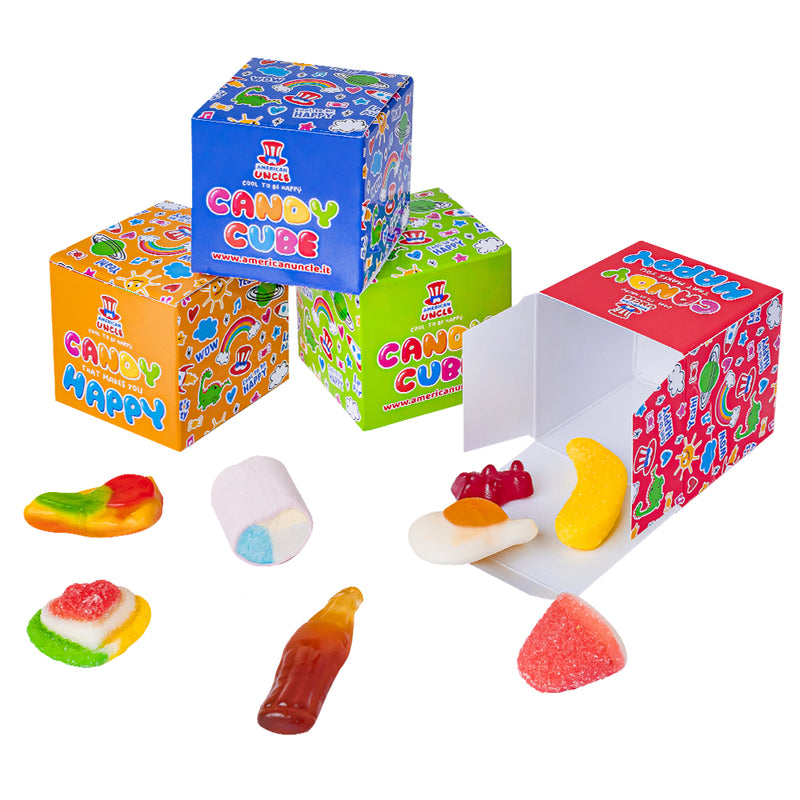 Candy Cube Kit "Party", scatoline di caramelle gommose da 50g ideali come gadget di fine festa (25, 50 o 75 pz)