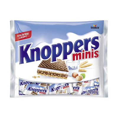 Confezione da 200g, wafer ripieno di crema al latte e nocciole Knoppers.