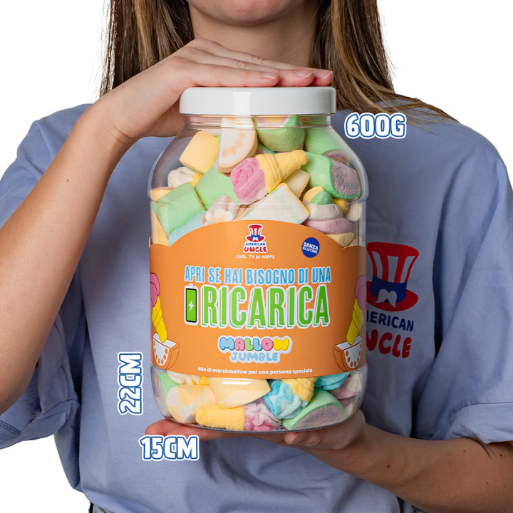 Mallow Jumble "Apri se hai bisogno di una ricarica", barattolo di marshmallow da comporre con i tuoi gusti preferiti