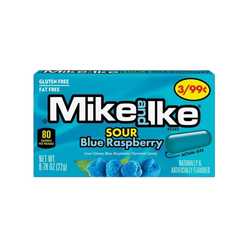 Mike and Ike Sour Blue Raspberry, caramelle al gusto di lampone da 22g.