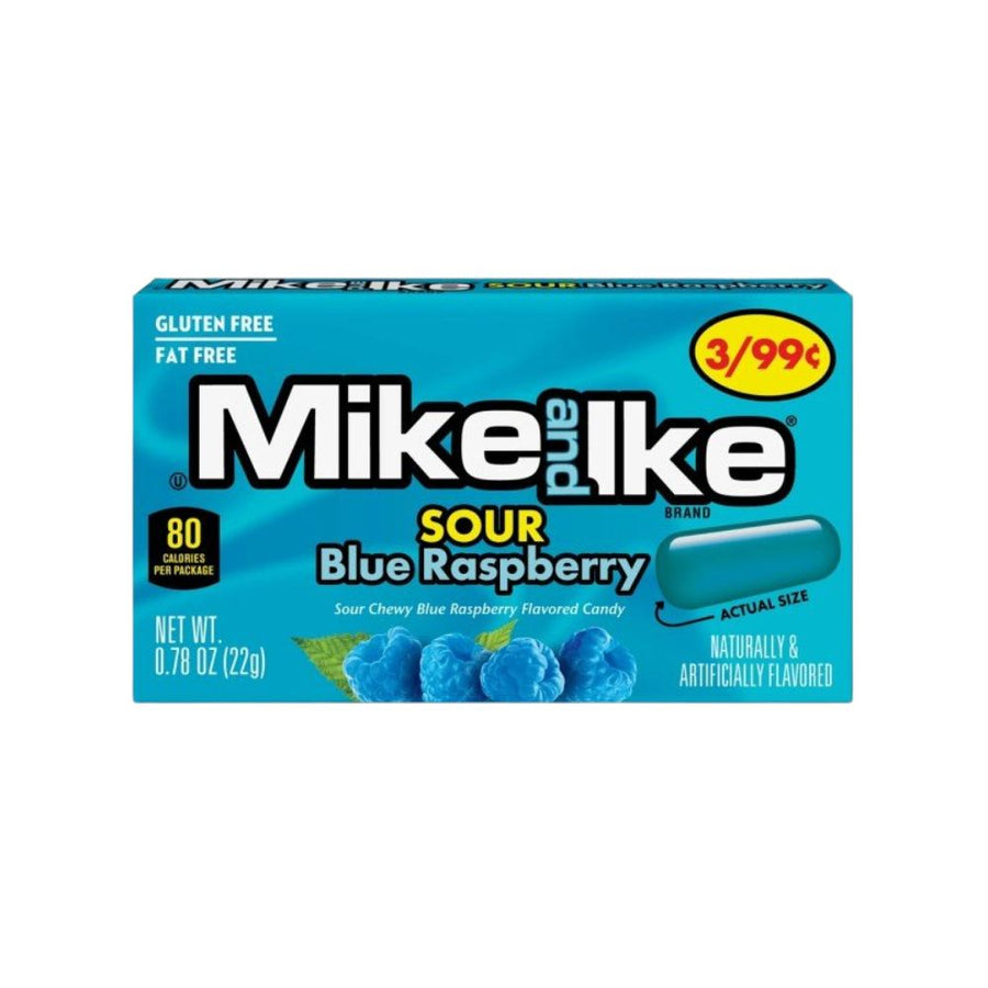 Mike and Ike Sour Blue Raspberry, caramelle al gusto di lampone da 22g.