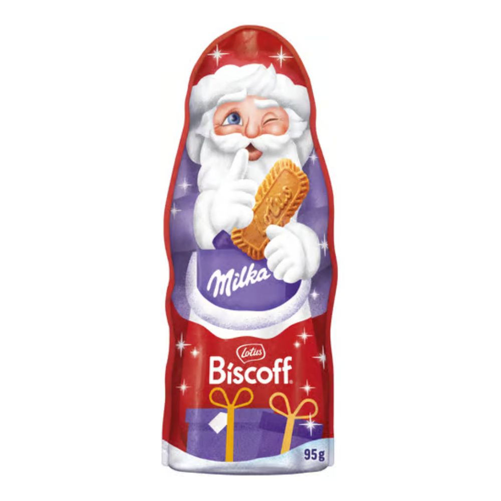 Milka Chocolate Santa Claus Lotus Biscoff, cioccolato al latte alpino con pezzetti di biscotto caramellati da 95g.