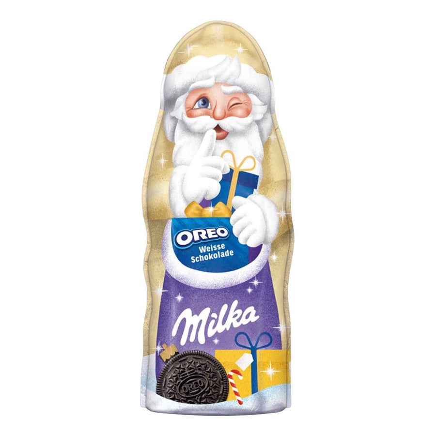 Milka Chocolate Santa Claus Oreo White Choco, cioccolato bianco e pezzetti di biscotto al cacao da 95g.