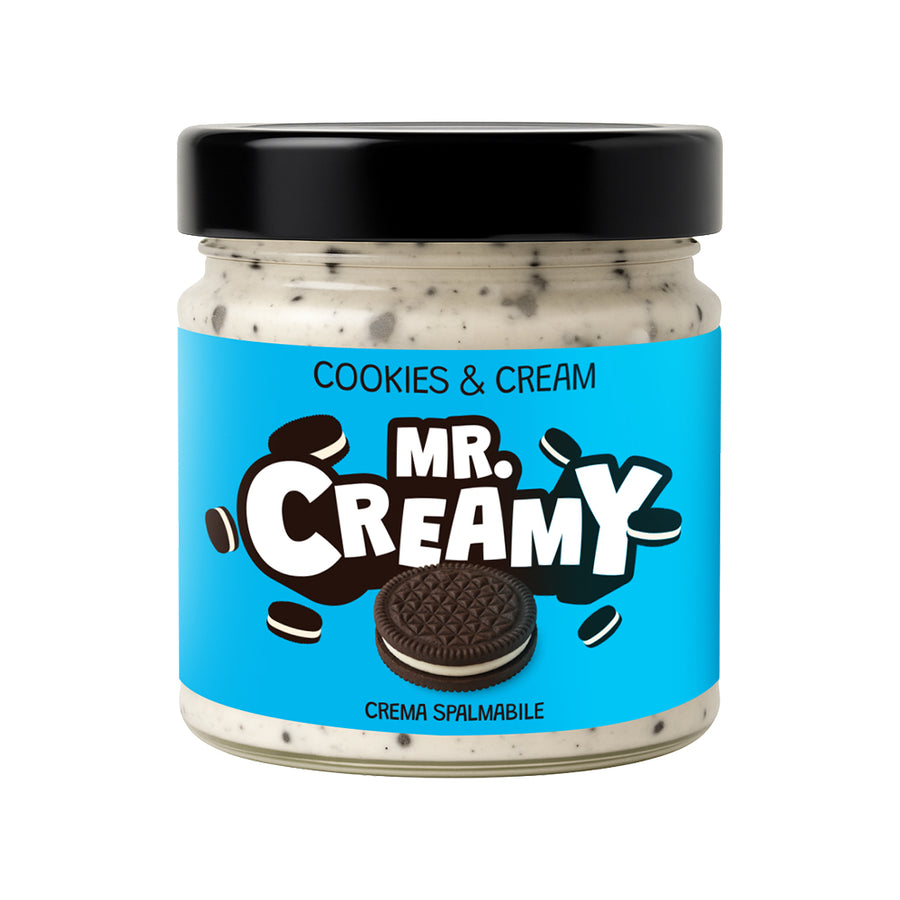 Confezione da 200g di crema spalmabile Mr Creamy al Cookies & Cream con granella di biscotti e cioccolato bianco