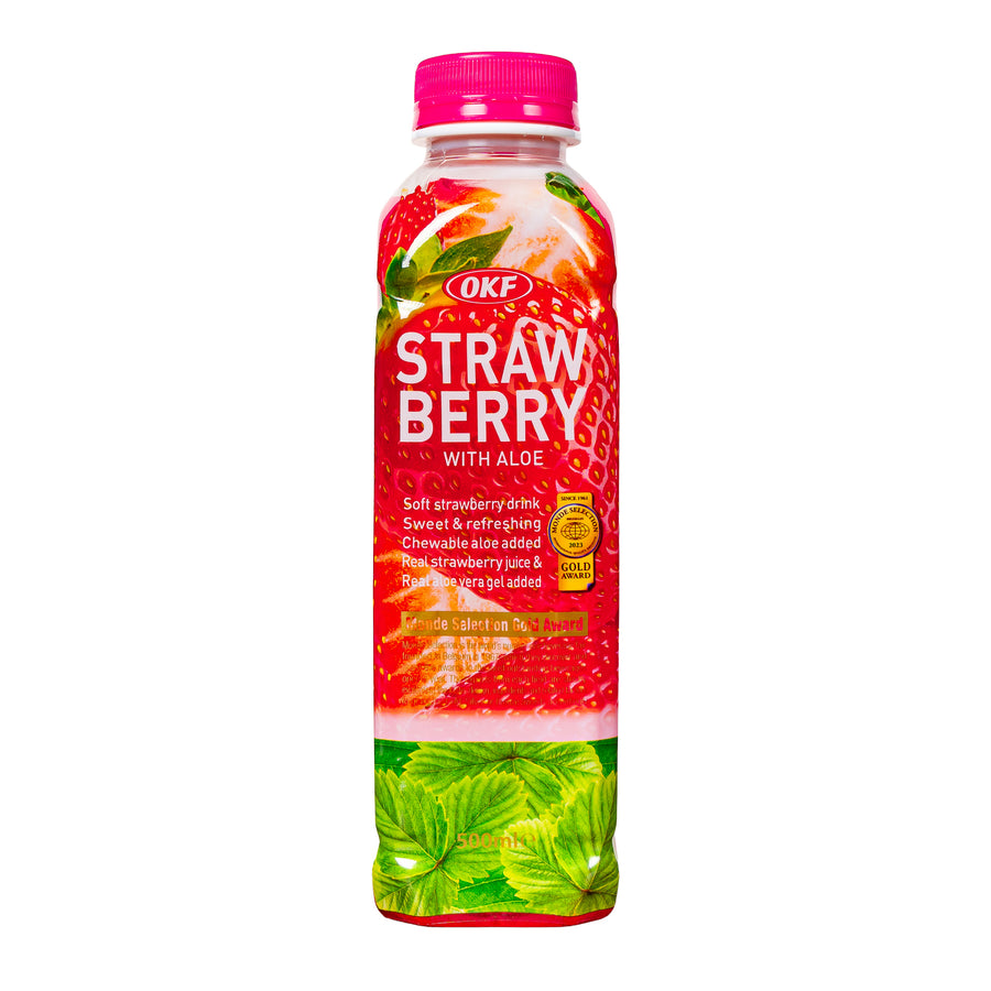 Bottiglia in plastica da 500ml di bevanda all'aloe e alla fragola OKF Aloe Vera Strawberry