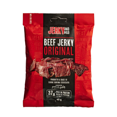 Confezione da 45g di carne secca a base di bovino Jerky and Go Beef Jerky Original