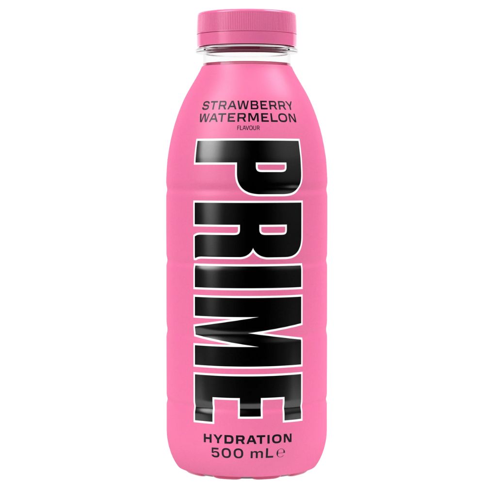 Confezione da 500ml energy drink al gusto di fragola e anguria Prime.