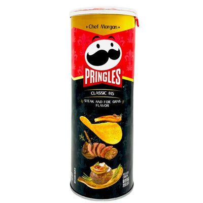 Confezione da 80g patatine aromatizzate al gusto di foie gras con bistecca di manzo Pringles.