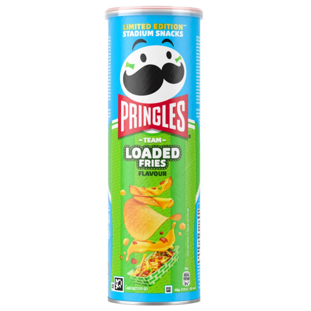Pringles Team Loaded Fries Flavour Limited Edition, patatine al gusto di patatine fritte, formaggio e bacon da 165g