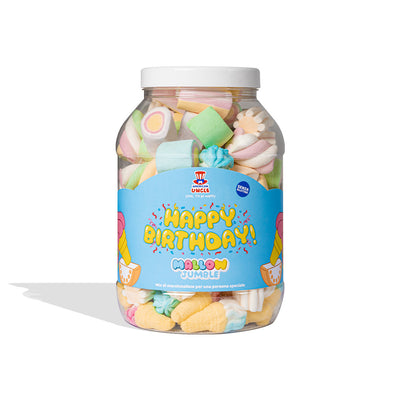 Barattolo di marshmallow per compleanno Mallow Jumble “Happy Birthday”, da riempire con i tuoi preferiti