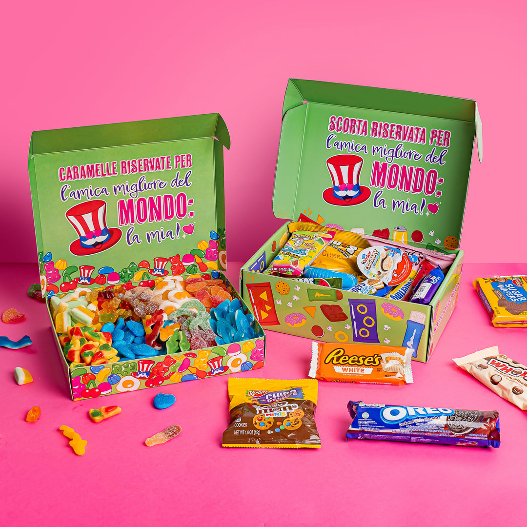 Regali per la migliore amica: scatola di caramelle gommose da 1kg e scatola con 20 snack tra dolci e salati a sorpresa