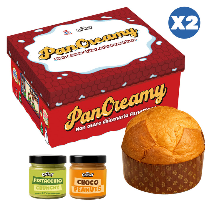 2x PanCreamy Vanilla, Panettone artigianale da 900g + Mr. Creamy Pistacchio Crunchy e Choco Peanuts da 200 g
