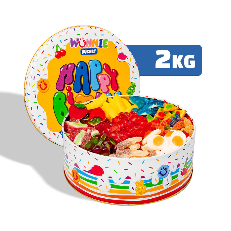 Wunnie Bucket “Happy Birthday”, latta di caramelle gommose da comporre con i gusti preferiti del festeggiato - 2 kg