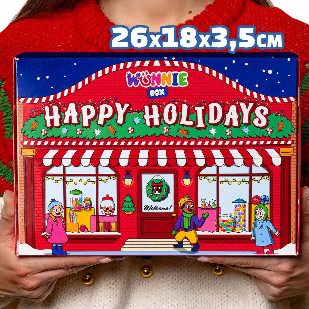 Scatola di caramelle gommose Wunnie Box Happy Holiday 1kg misure: 26x18x3.5cm
