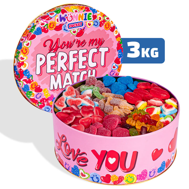 Confezione da 3kg di latta di caramelle Wunnie bucket you're my perfect match
