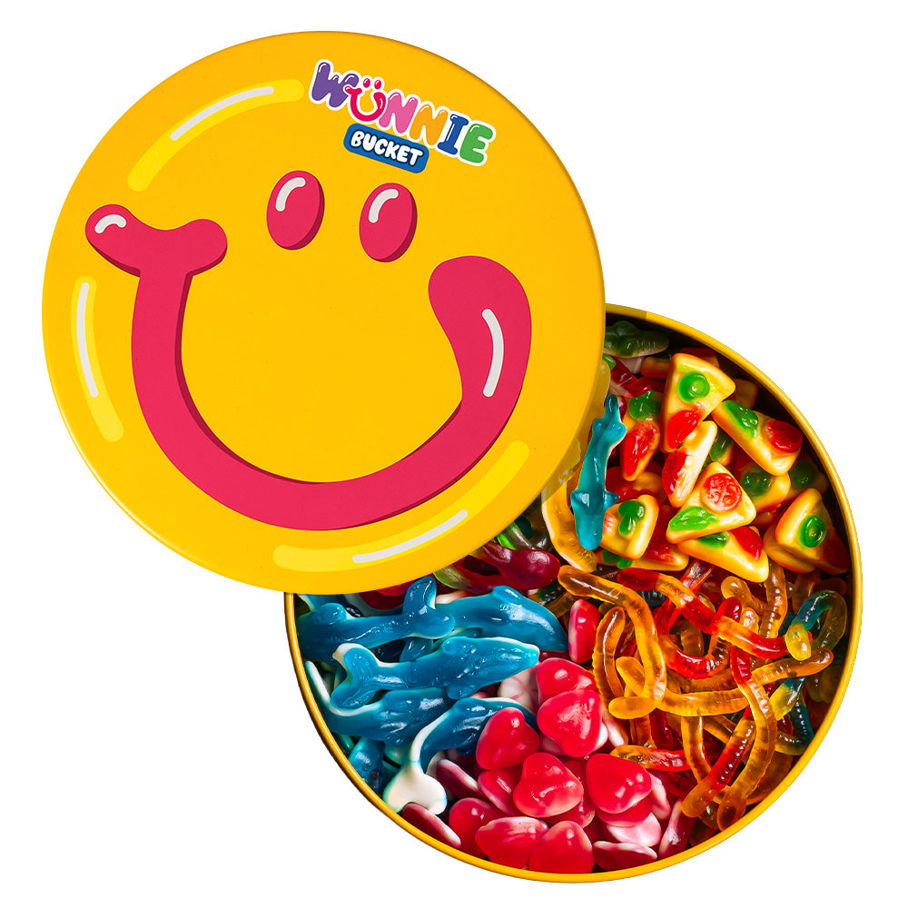 Wunnie Bucket con caramelle gommose lisce come cuori, delfini, pizze