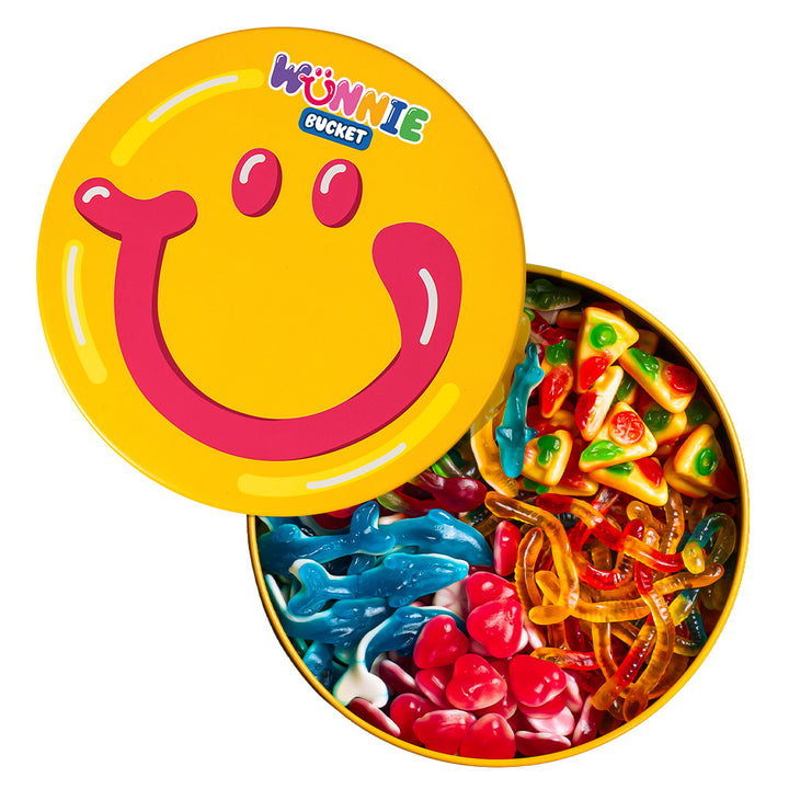 Wunnie Bucket con caramelle gommose lisce come cuori, delfini, pizze