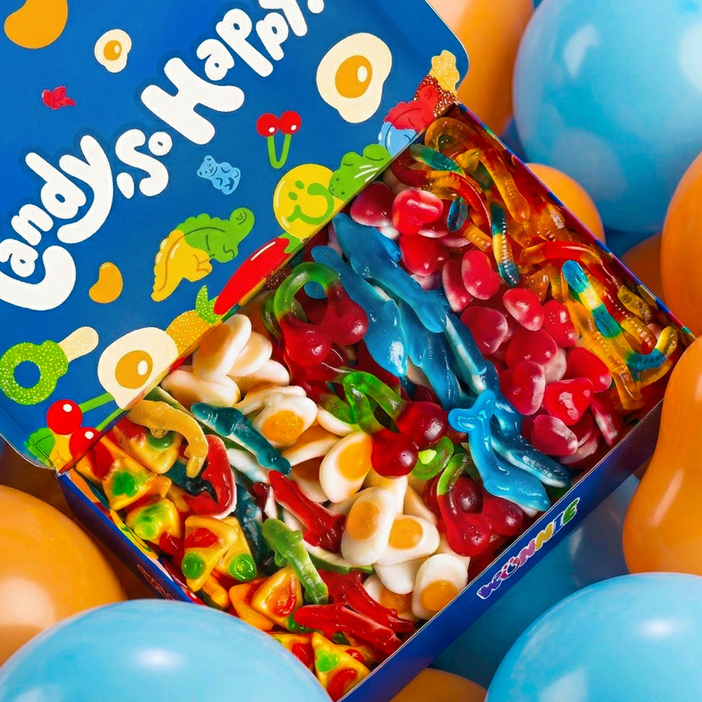 Caramelle gommose lisce come pizza, squaletti, uova, ciliegie, delfini, cuori, vermi