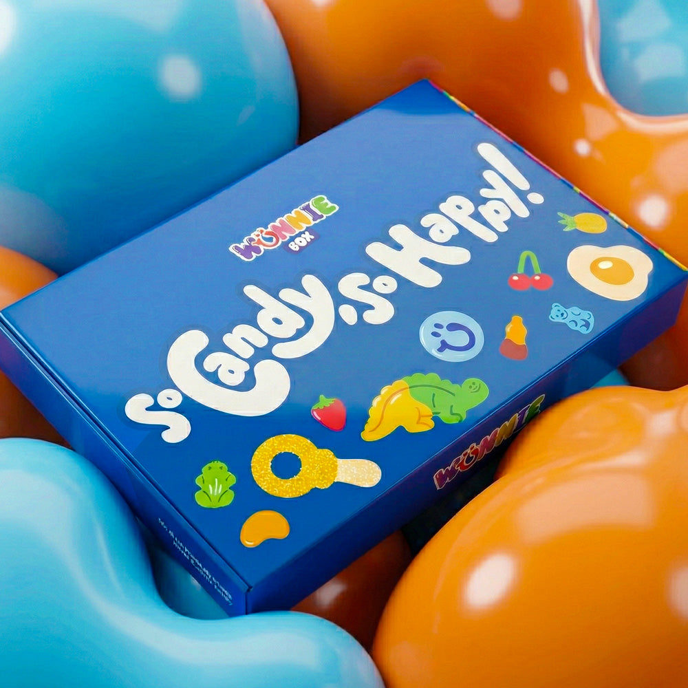 Wunnie Box Jelly Mix, scatole di caramelle a sfondo blu con slogan So Candy So Happy