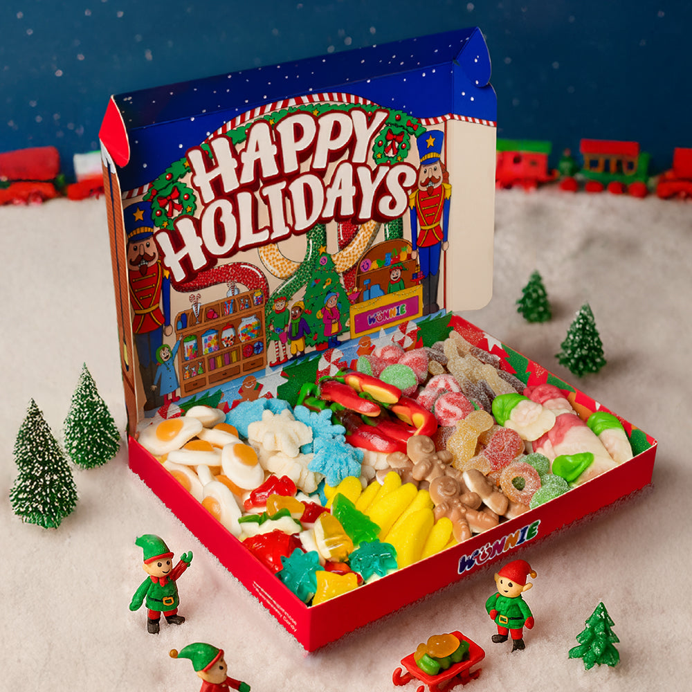 Wunnie box con caramelle gommose a tema Natale e sfondo natalizio