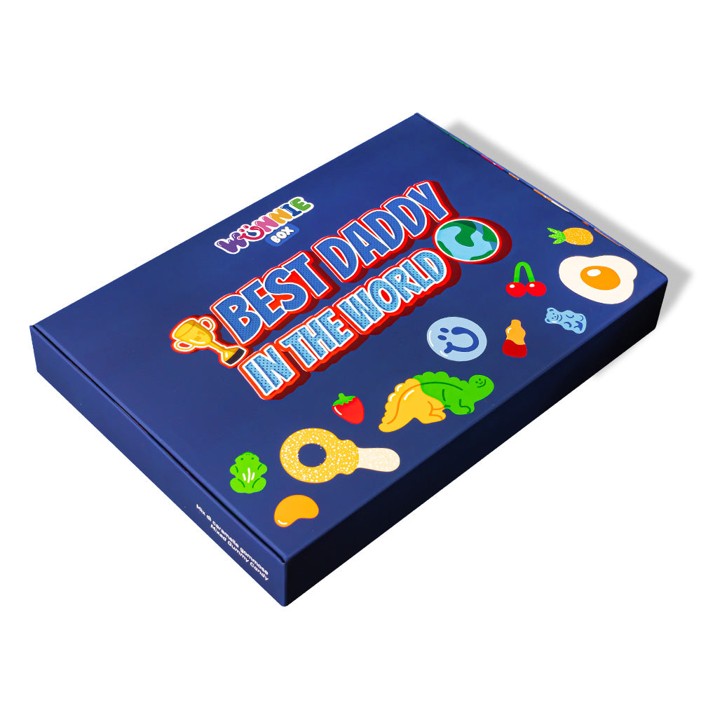 Wunnie box chiusa con Best Daddy in the world e caramelle disegnata su sfondo blu