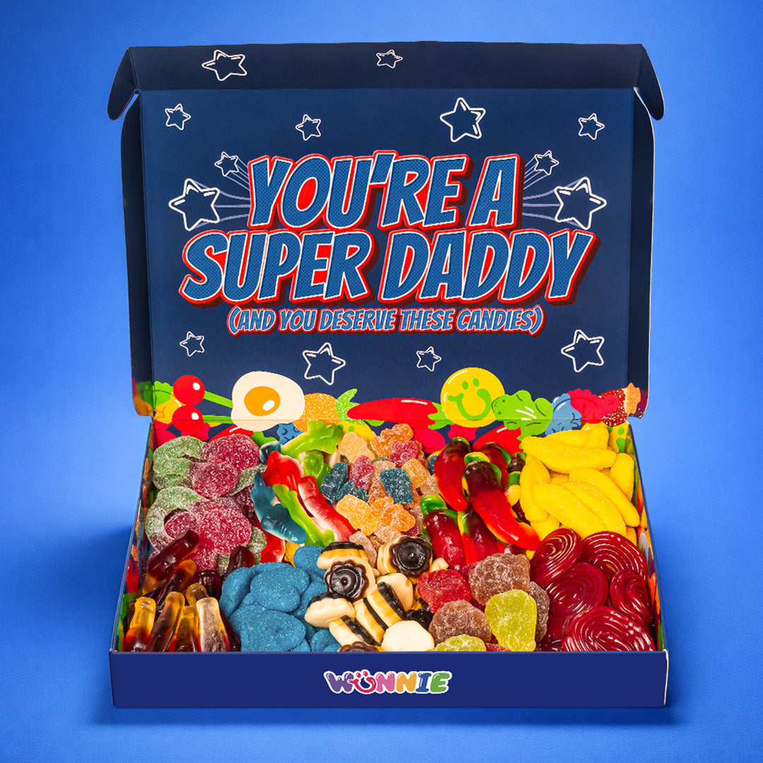 Candy box per il papà con sfondo blu e stelline e frase "You are a duper Daddy and you deserve these candies"