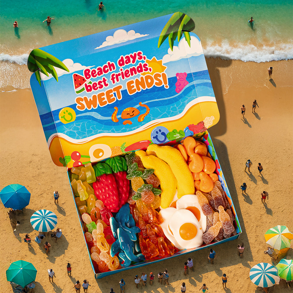 Wunnie box Summer, scatola di caramelle gommose su una spiaggia on persone