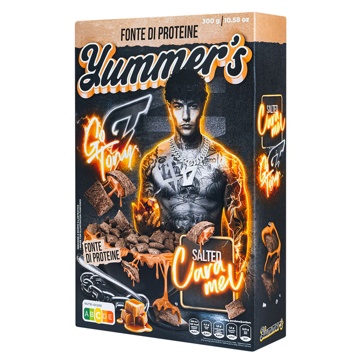 Yummer's Go Tony Salted Caramel by Tony Effe, cereali proteici ripieni di crema gusto caramello salato da 300 g | EDIZIONE LIMITATA