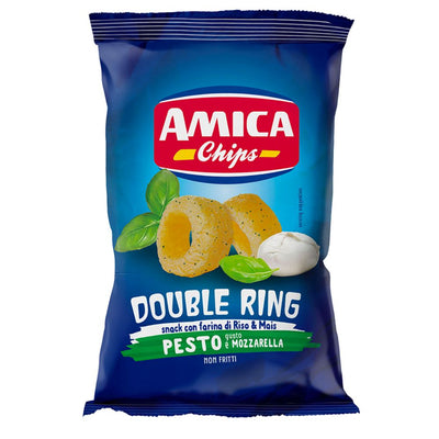 Confezione da 70g di snack di riso e mais al gusto di pesto e mozzarella Amica Chips Double Ring Pesto e Mozzarella