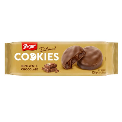 Confezione da 130g di biscotti al cioccolato ricoperti di cioccolato e al sapore di brownie Cookies Bergen Brownie Chocolate