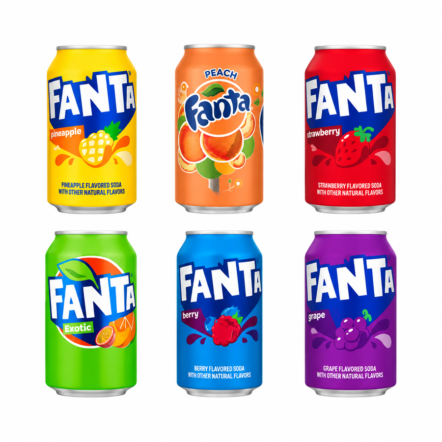 Fanta Kit, 6 bevande al gusto ananas, pesca, fragola, frutta esotica, mirtillo blu e uva