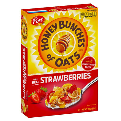 Confezione da 311g di cereali con fiocchi di avena, mais e fragole Post Cereal Honey Bunches of Oats Strawberries
