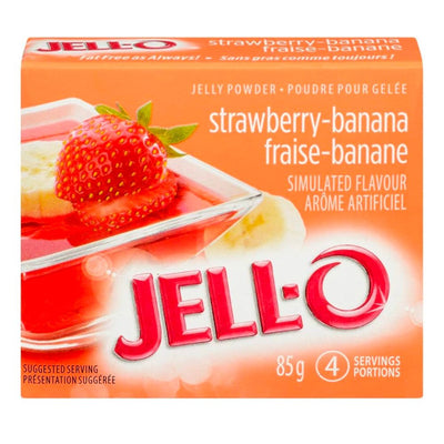 Confezione da 85g di preparato per gelatina alla fragola e alla banana Jell-o Strawberry Banana