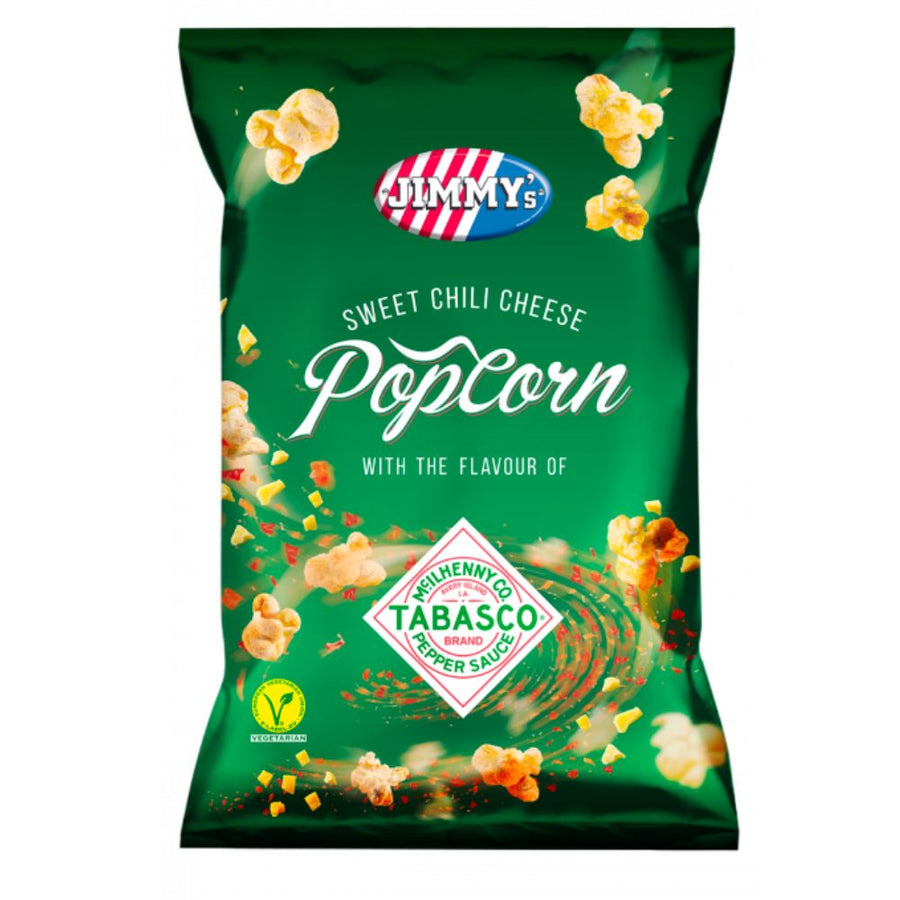 Confezione da 90g di popcorn al formaggio e tabasco Jimmy's Cheese Popcorn Tabasco