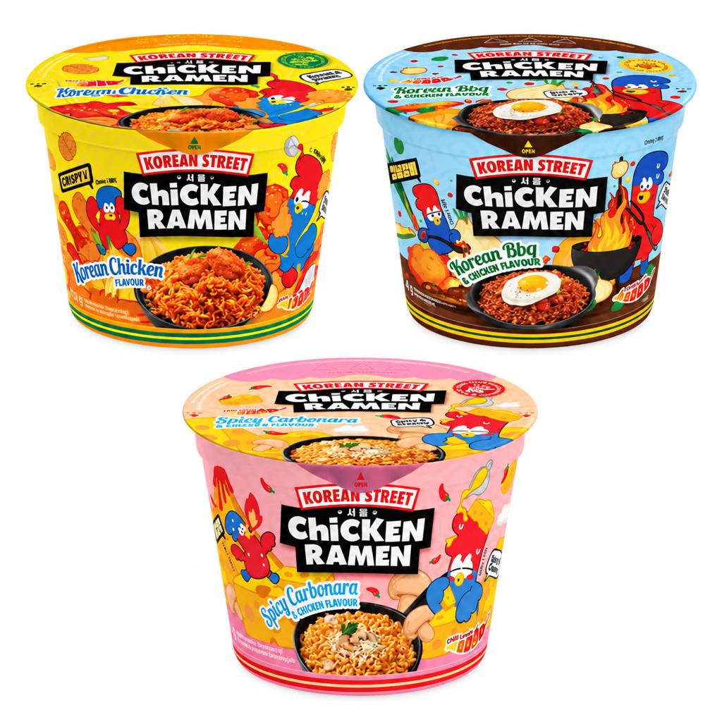 Korean Street Kit, 3 noodles al gusto di pollo coreano, bbq coreano e carbonara piccante