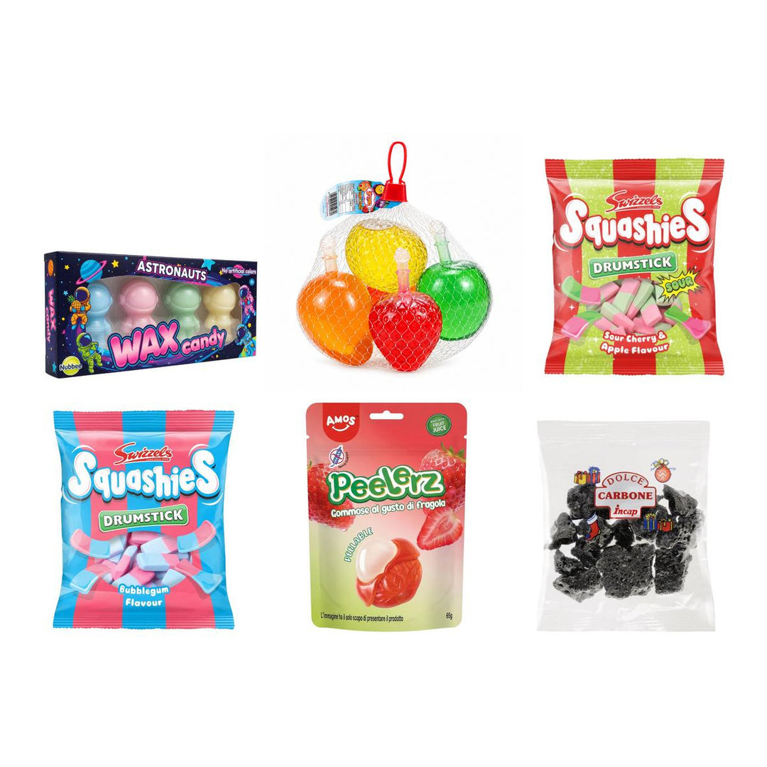 Bundle, 6 caramelle al gusto cera liquida, frutta liquida, ciliegia e mela, bubblegum, fragola e carbone dolce