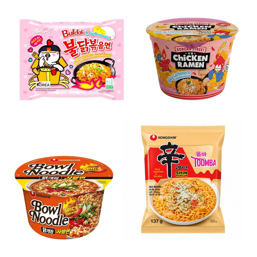 Noodles Kit, 4 noodles istantanei al gusto carbonara hot chicken, carbonara piccante, pollo piccante e formaggio piccante