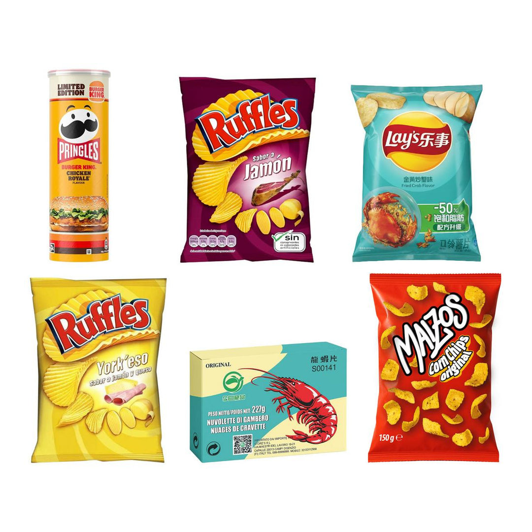 Kit Patatine e chips, 6 patatine al gusto Chicken Royale, jamon, granchio, formaggio e prosciutto, gambero e original