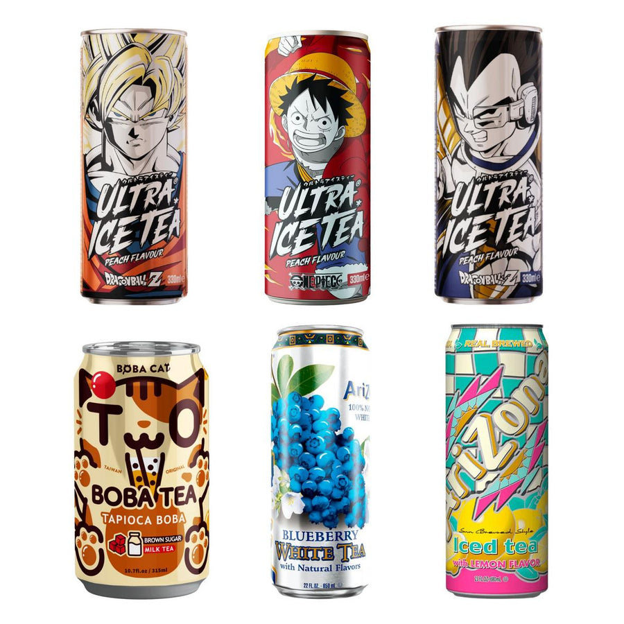 Tè Box, 6 tè freddi e bubble tea al gusto pesca (Goku, Luffy, Vegeta), brown sugar milk tea, mirtillo e limone