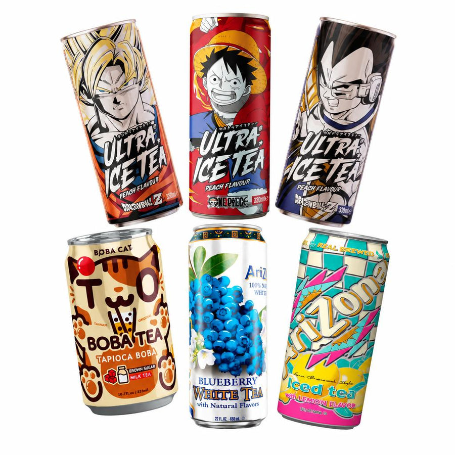 Tè Box, 6 tè freddi e bubble tea al gusto pesca (Goku, Luffy, Vegeta), brown sugar milk tea, mirtillo e limone