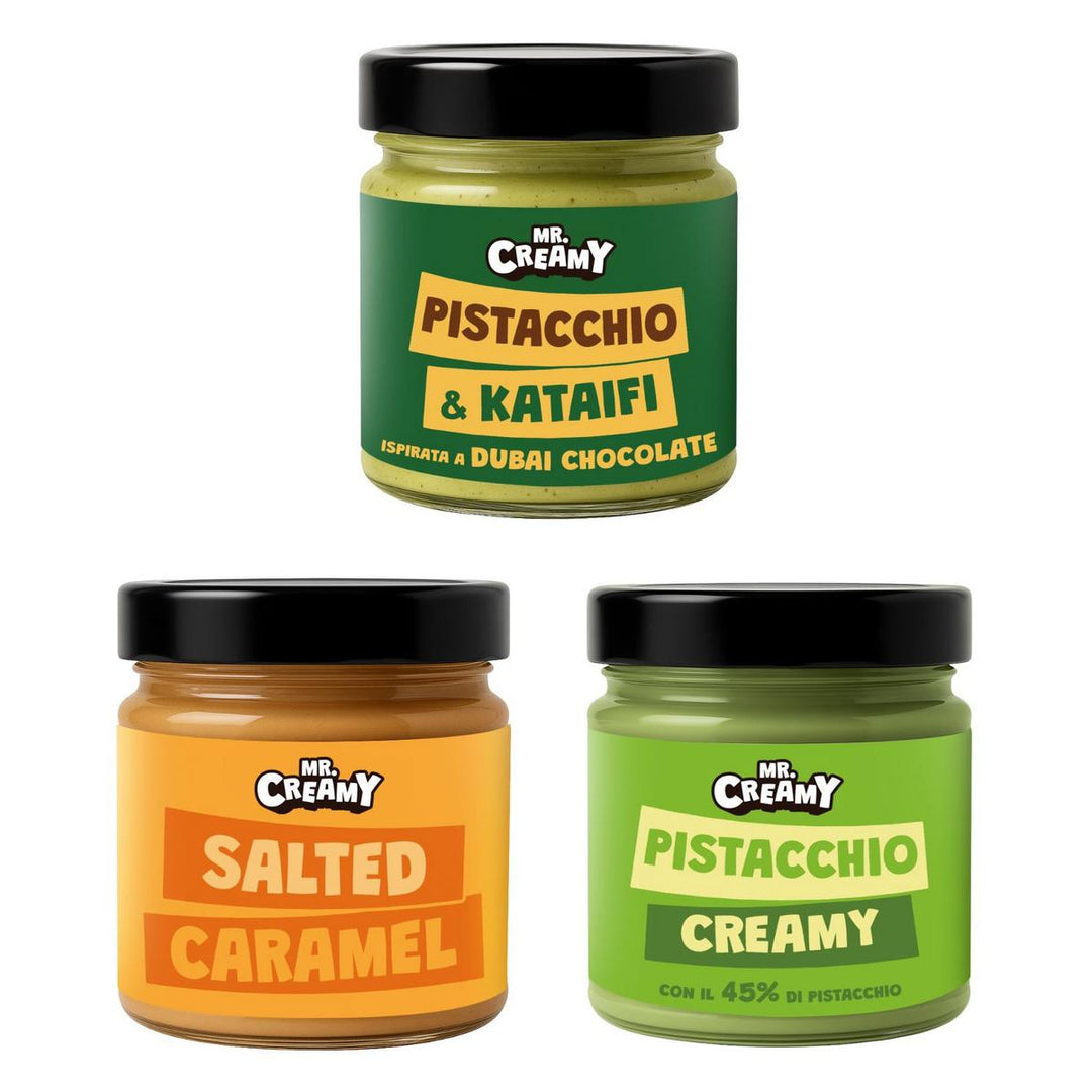 Mr. Creamy Kit, 3 creme spalmabili al gusto pistacchio &amp; kataifi, salted caramel e pistacchio creamy