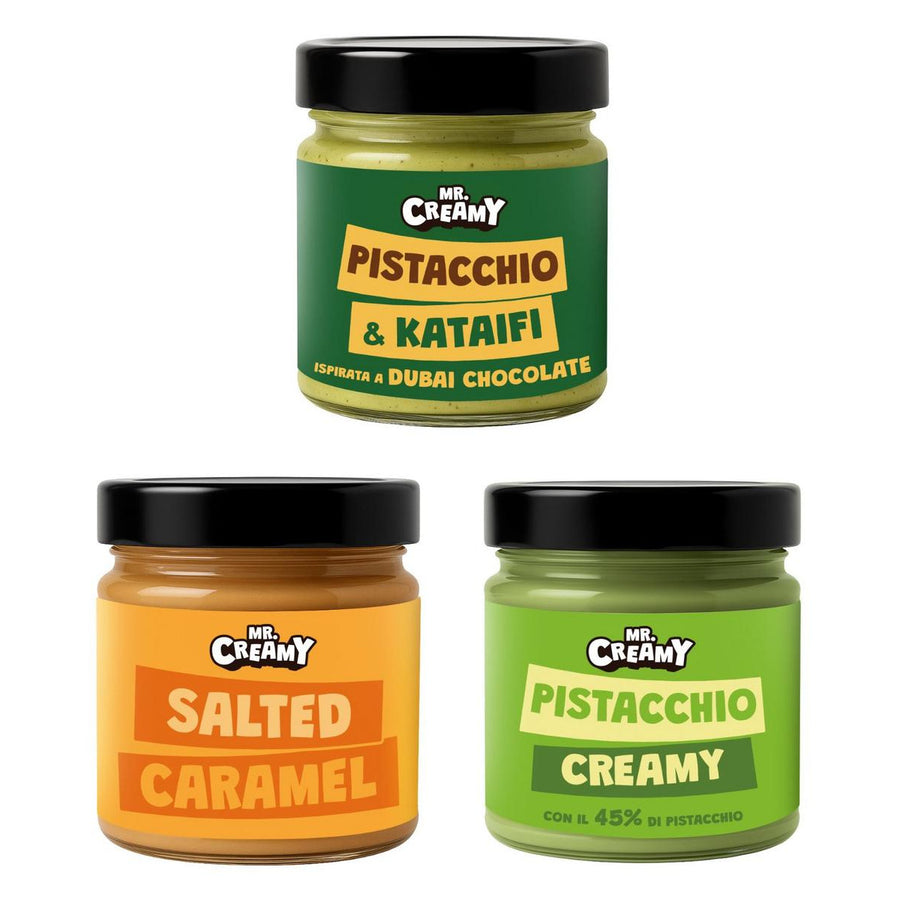 Mr. Creamy Kit, 3 creme spalmabili al gusto pistacchio & kataifi, salted caramel e pistacchio creamy