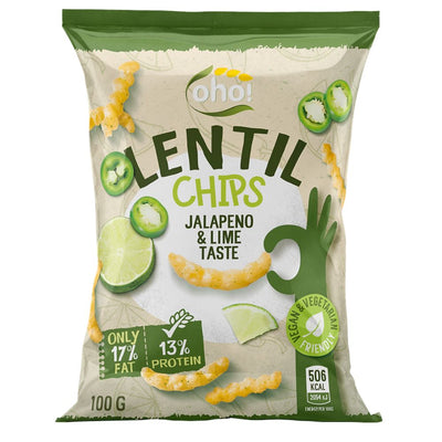 Confezione da 100g di chips di lenticchie al jalapeno e lime Oho Lentil