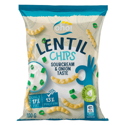 Confezione da 100g di chips di lenticchie alla crema acida e cipolla Lentil Chips