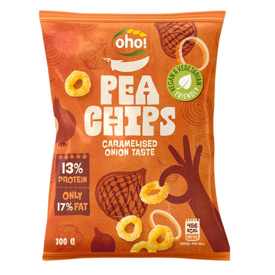 Confezione da 100g di chips di piselli alla cipolla Oho Pea Chips