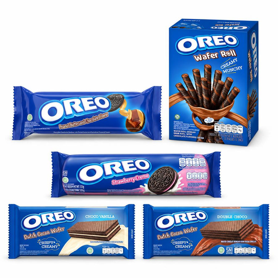 Oreo Kit, 5 biscotti e wafer al gusto burro d'arachidi, cioccolato rotolo, fragola, cacao vaniglia e doppio cioccolato