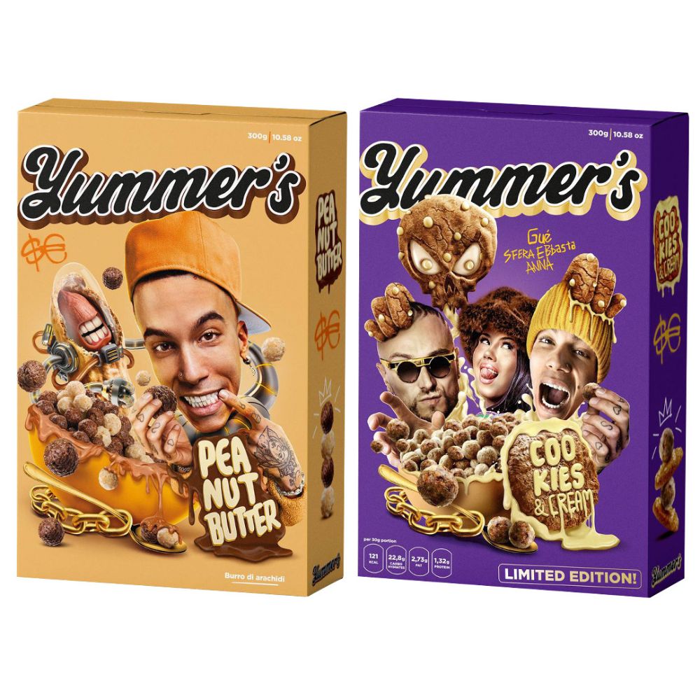 2 confezioni di cereali Yummer's di Sfera Ebbasta al burro d'arachidi e al cookies and cream  da 300g