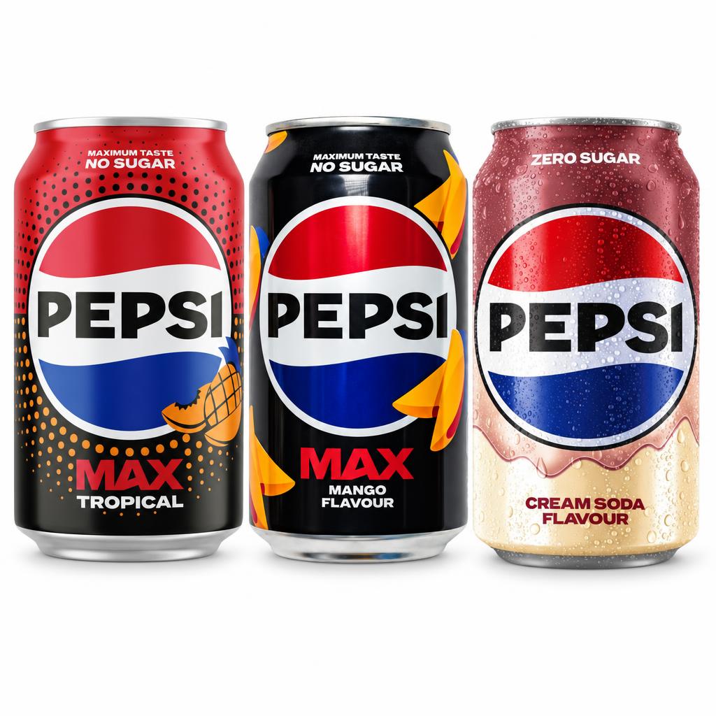 Pepsi Kit, 3 bibite gassate al gusto frutta tropicale, mango e cola e vaniglia